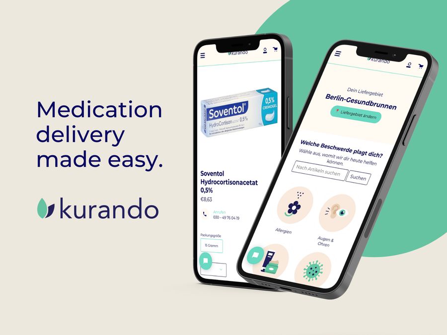 Kurando medication delivery app on two phones